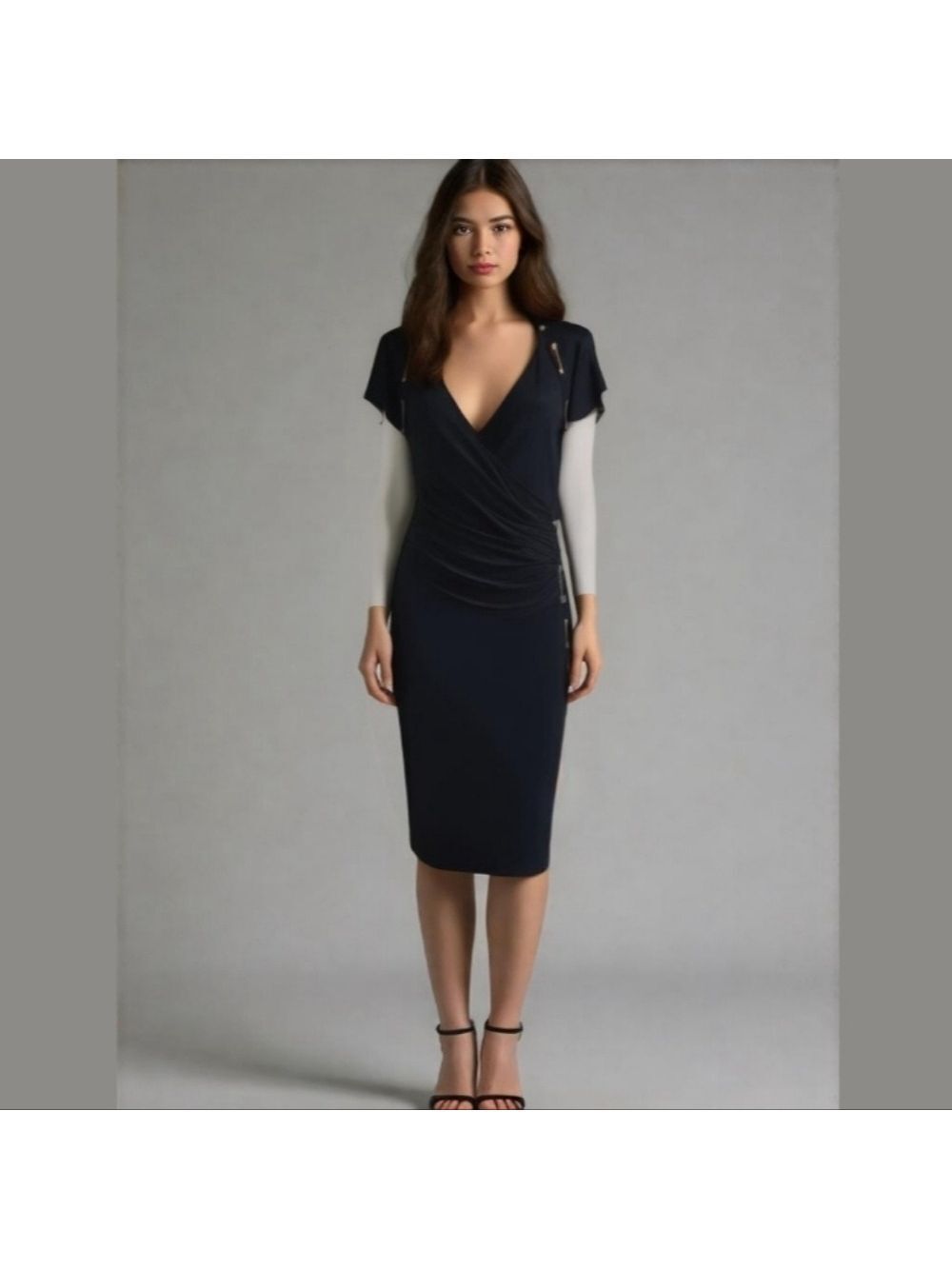 CARMEN MARC Valvo Midi V Neck Navy Dress Size 1X